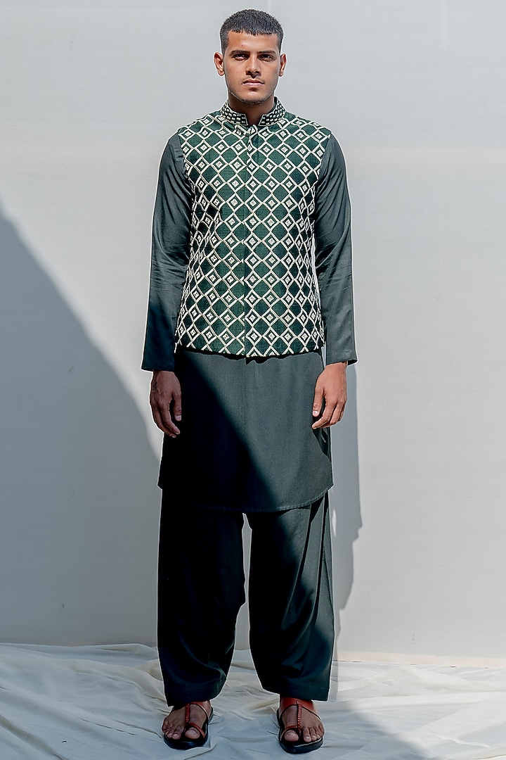 Bottle Green Silk Embroidered Nehru Jacket Set by Bohame Men at Pernia's Pop Up Shop
