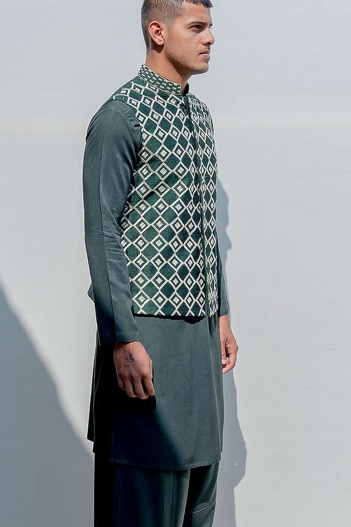 Bottle Green Silk Embroidered Nehru Jacket Set by Bohame Men at Pernia's Pop Up Shop