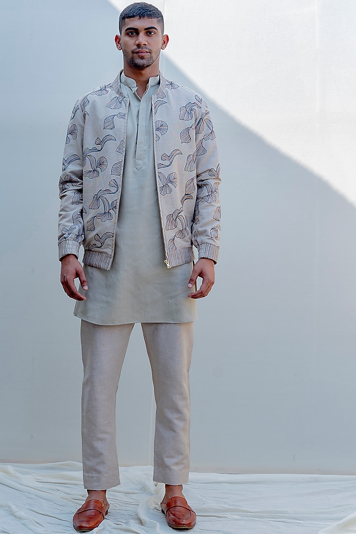Beige Abstract Jacket With Embroidered Kurta Set by Bohame Men