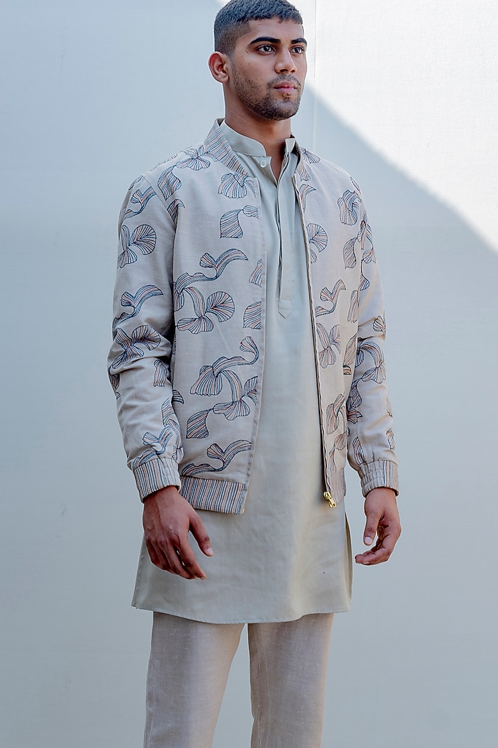 Beige Abstract Jacket With Embroidered Kurta Set by Bohame Men at Pernia's Pop Up Shop