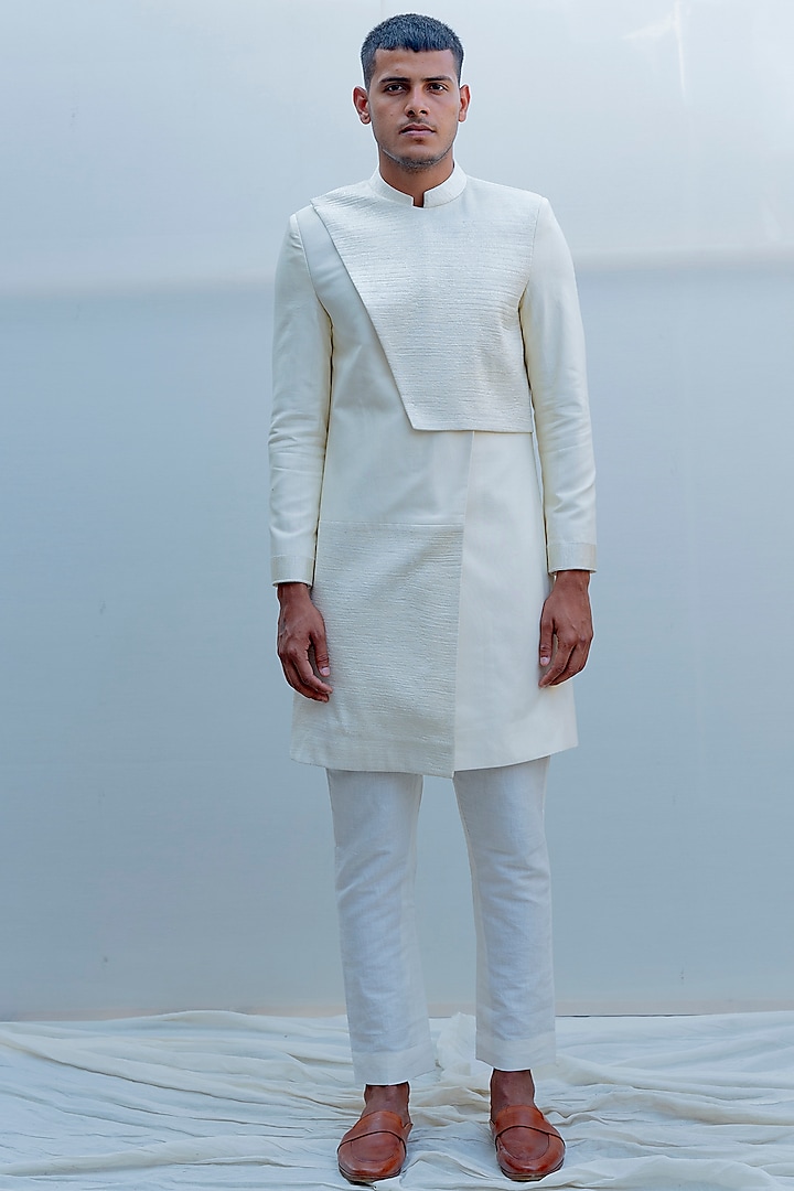 Off White Embroidered Overlapped Achkan Jacket Set by Bohame Men