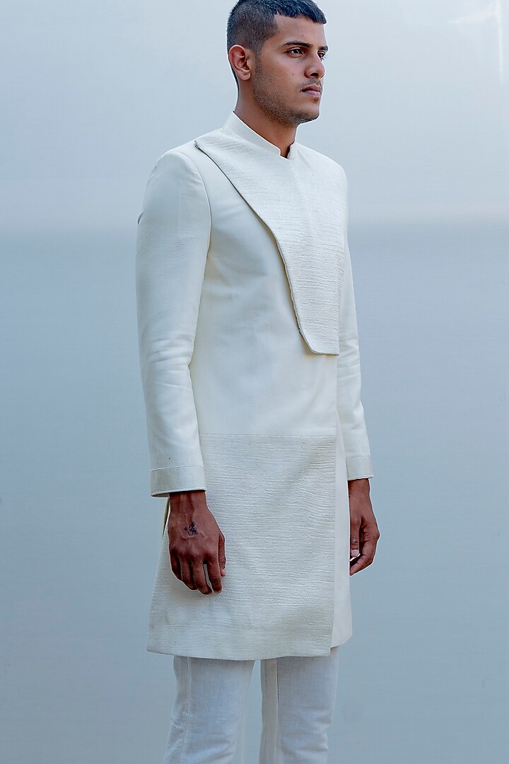 Off White Embroidered Overlapped Achkan Jacket Set by Bohame Men at Pernia's Pop Up Shop