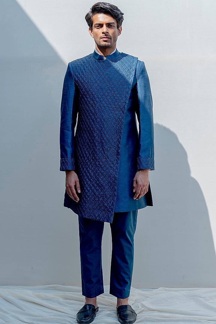 Turquoise Embroidered Overlapped Achkan Jacket Set by Bohame Men