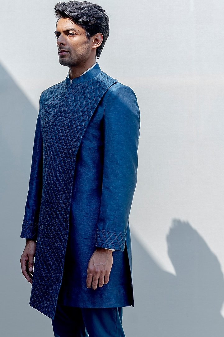 Turquoise Embroidered Overlapped Achkan Jacket Set by Bohame Men at Pernia's Pop Up Shop