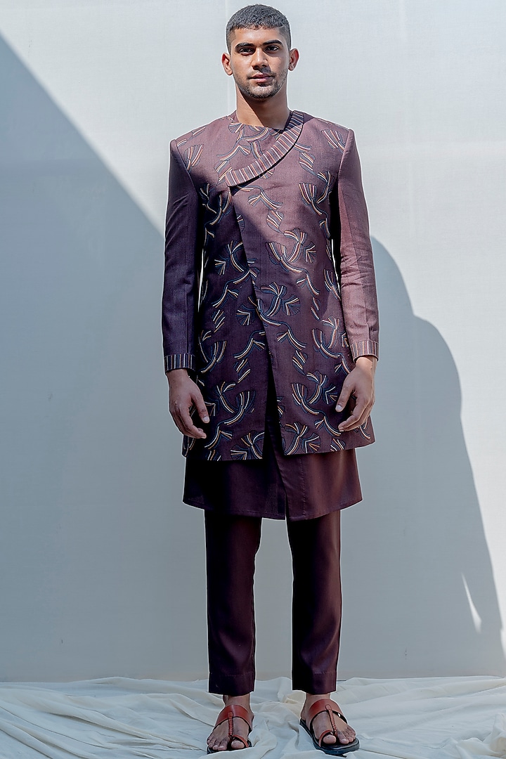 Brown Embroidered Asymmetrical Achkan Jacket Set by Bohame Men
