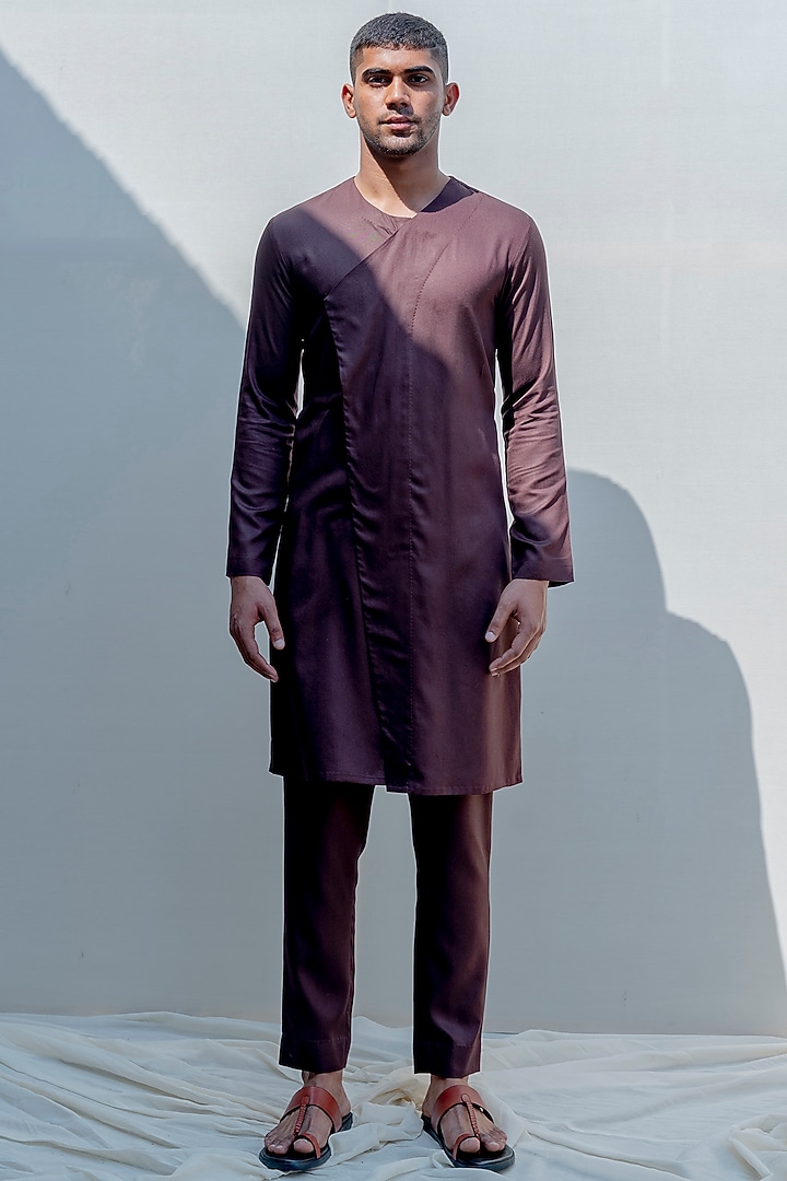 Brown Embroidered Asymmetrical Achkan Jacket Set by Bohame Men at Pernia's Pop Up Shop