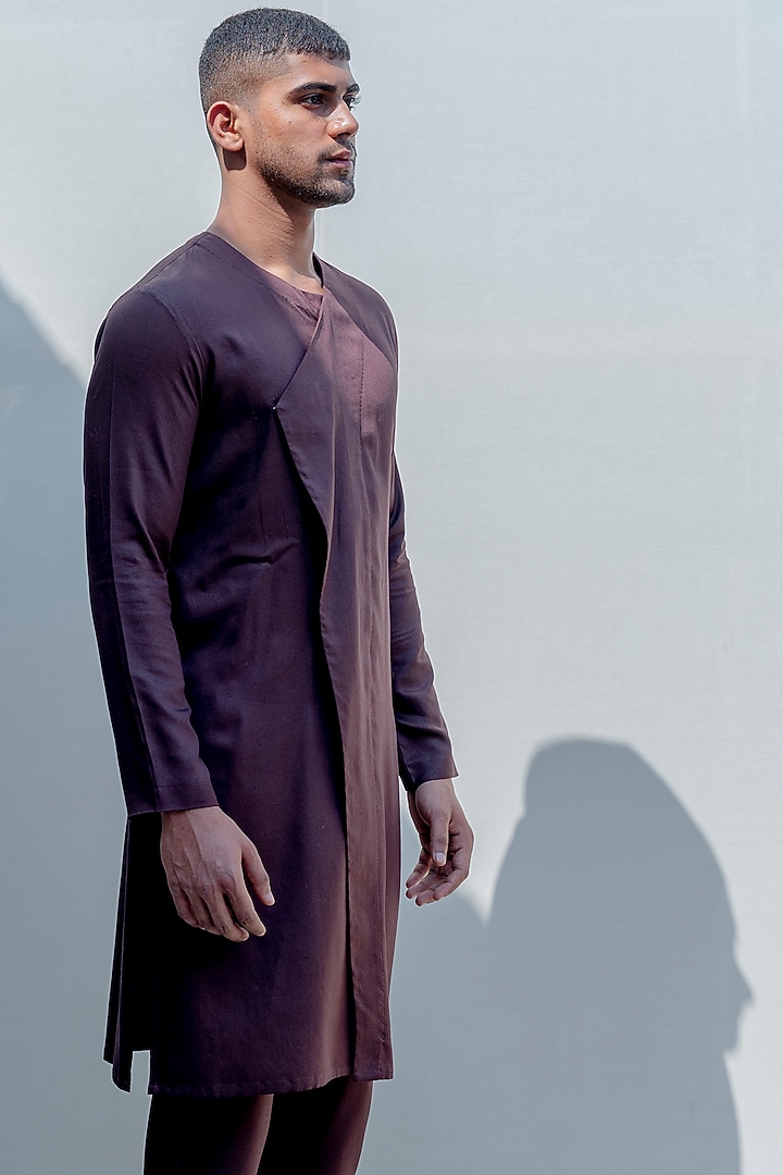 Brown Embroidered Asymmetrical Achkan Jacket Set by Bohame Men at Pernia's Pop Up Shop
