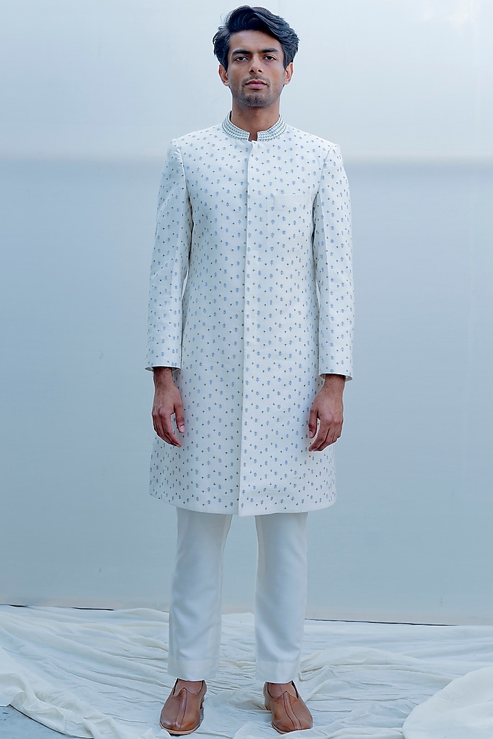 Off White Embroidered Achkan Jacket Set by Bohame Men