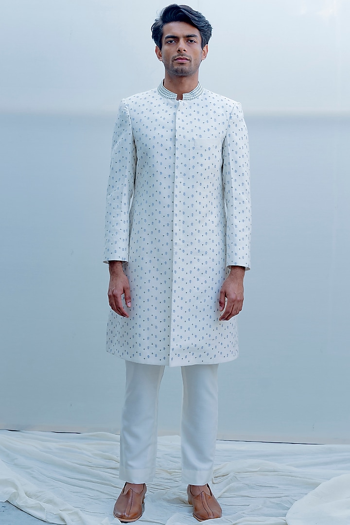 Off White Embroidered Achkan Jacket Set by Bohame Men at Pernia's Pop Up Shop