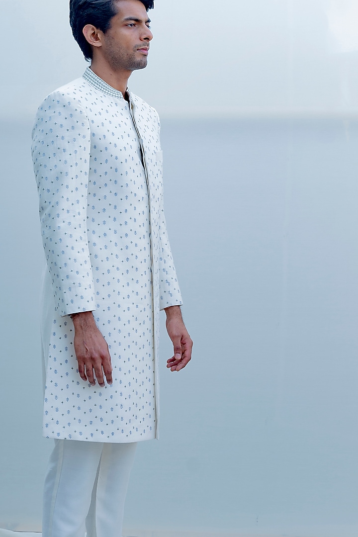 Off White Embroidered Achkan Jacket Set by Bohame Men at Pernia's Pop Up Shop