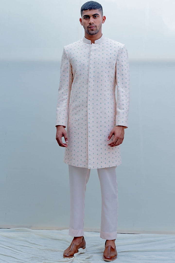 Peach Embroidered Achkan Jacket Set by Bohame Men at Pernia's Pop Up Shop