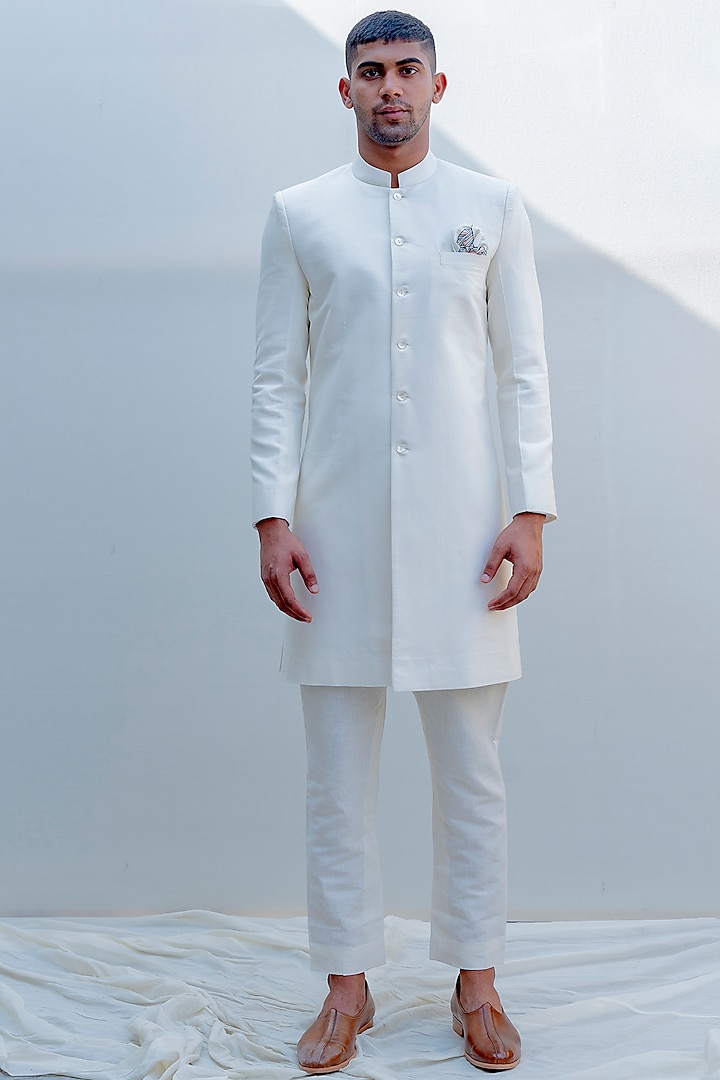 Off White Embroidered Achkan Jacket Set by Bohame Men