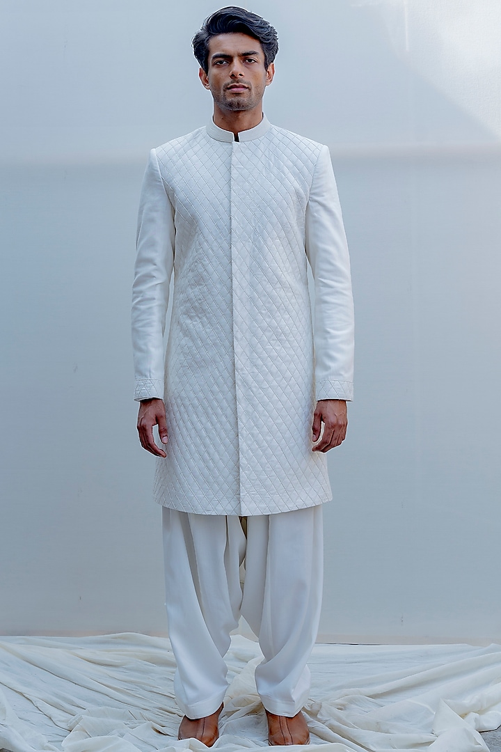 Off White Cross Embroidered Achkan Jacket Set by Bohame Men