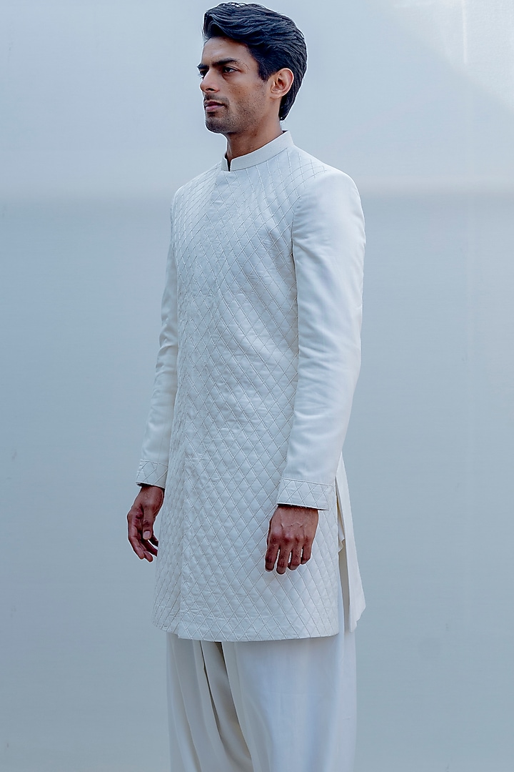 Off White Cross Embroidered Achkan Jacket Set by Bohame Men at Pernia's Pop Up Shop