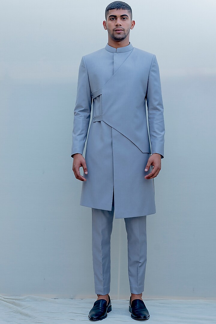Blue Indo-Western Long Suit Set by Bohame Men