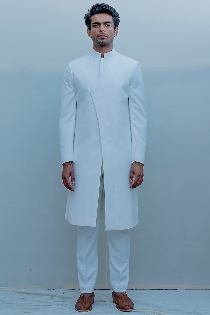 Milky White Indo-Western Long Suit Set by Bohame Men