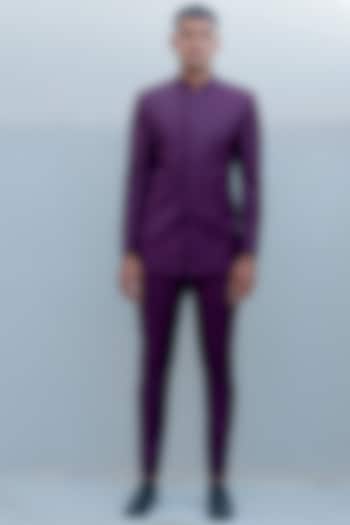 Purple Terry Wool Bandhgala Set by Bohame Men