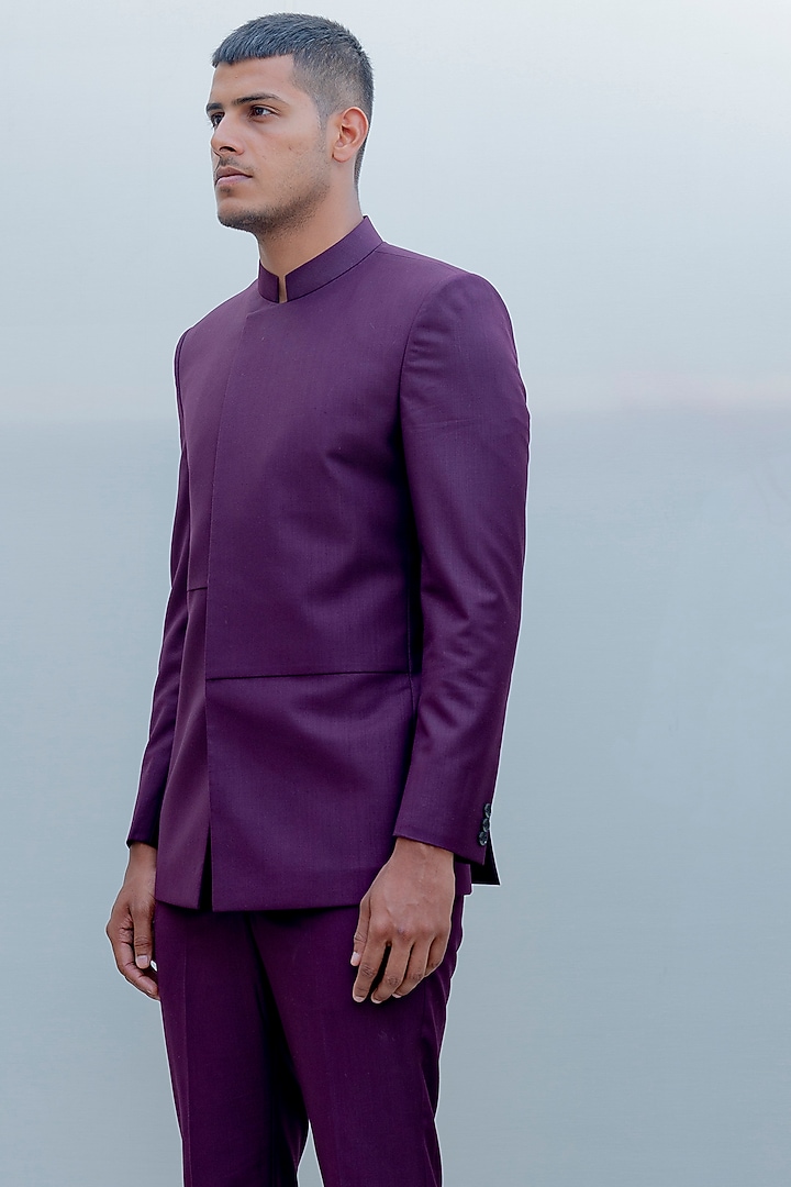 Purple Terry Wool Wedding Bandhgala Set by Bohame Men at Pernia's Pop Up Shop