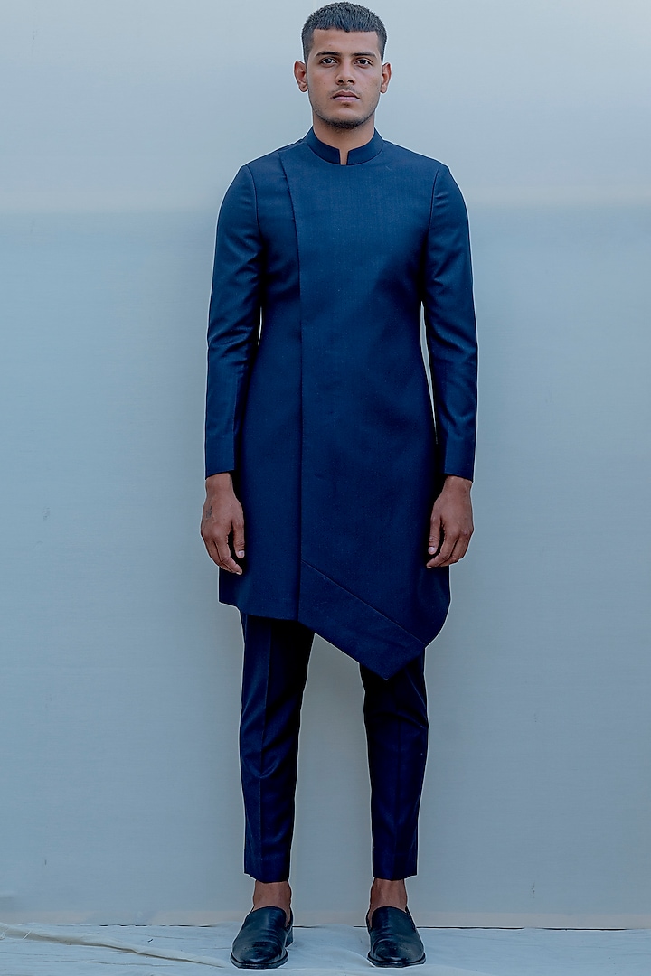 Dark Blue Overlapped Panelled Suit Set by Bohame Men