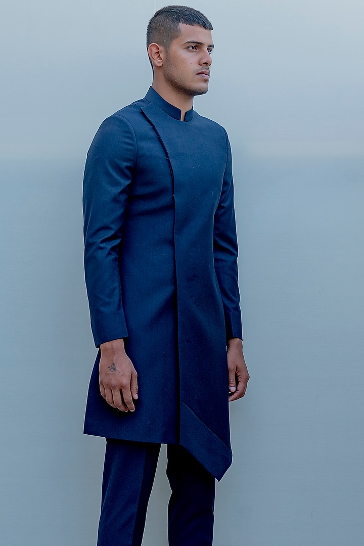 Dark Blue Overlapped Panelled Suit Set by Bohame Men at Pernia's Pop Up Shop