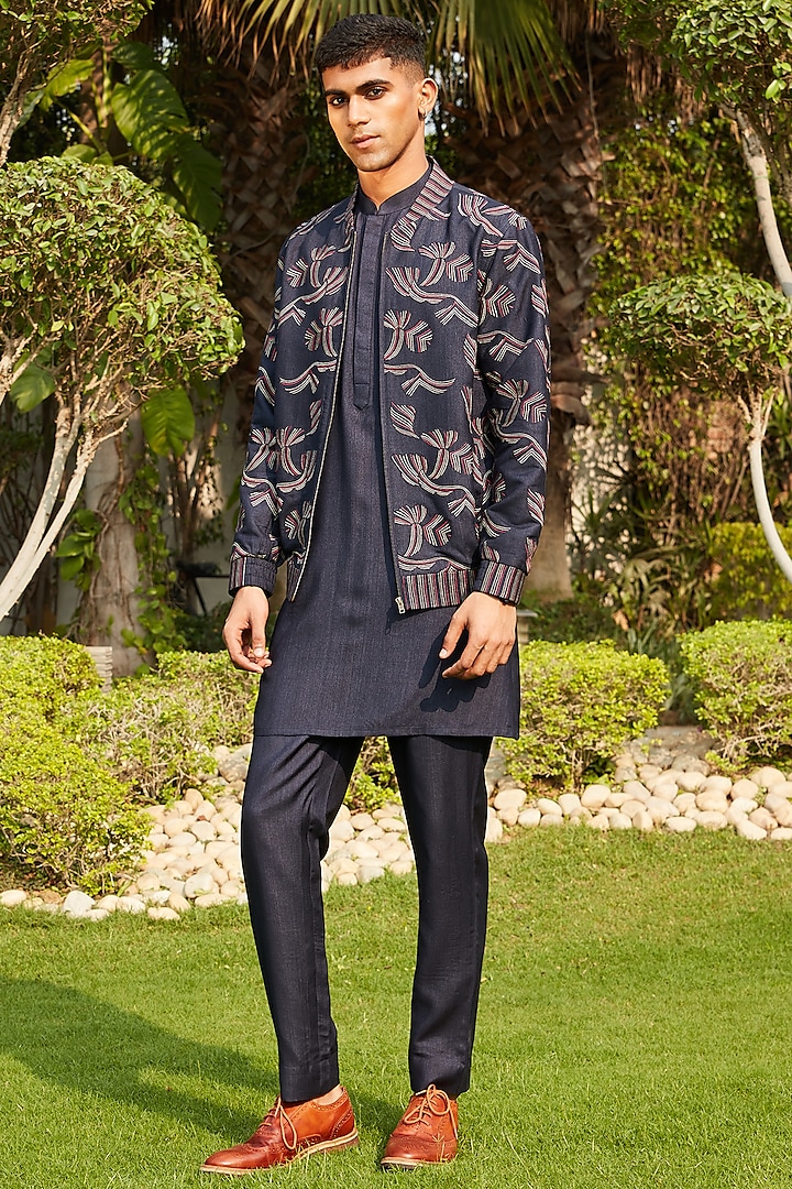Dark Navy Blue Cotton Silk Tussar Embroidered Jacket Set by Bohame Men
