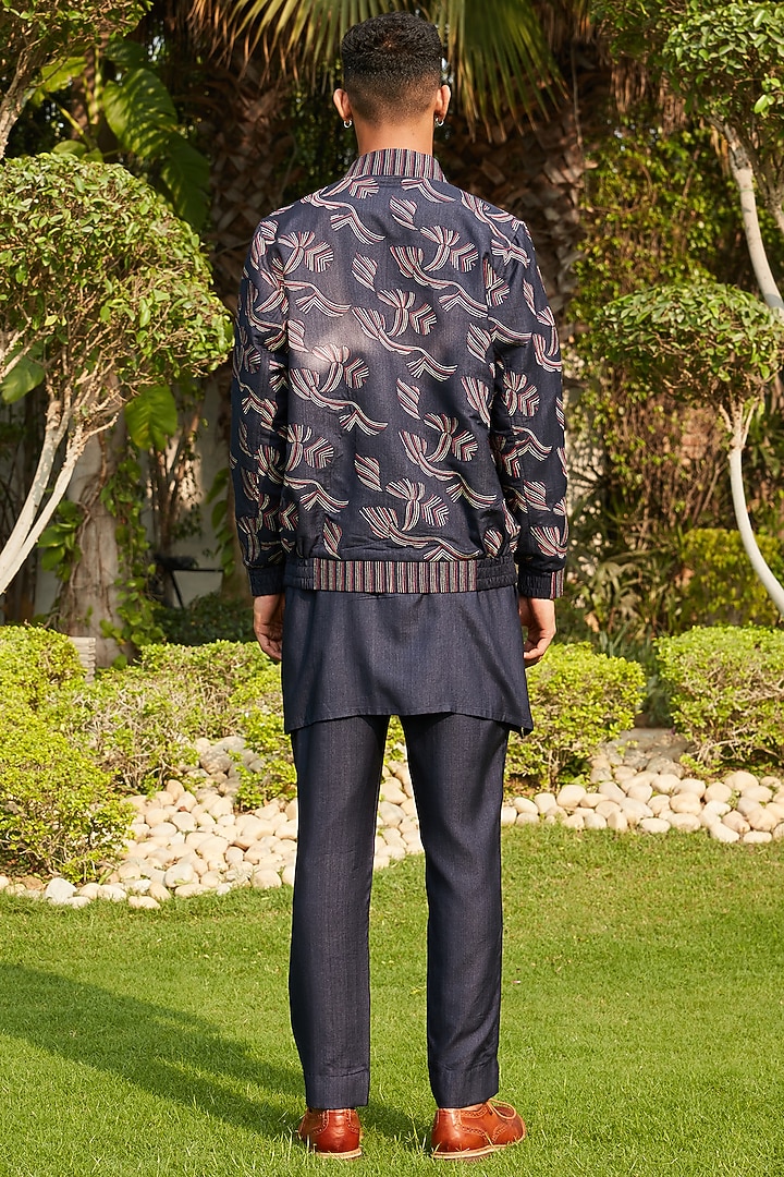 Dark Midnight Blue Cotton Silk Tussar Embroidered Jacket Set by Bohame Men at Pernia's Pop Up Shop