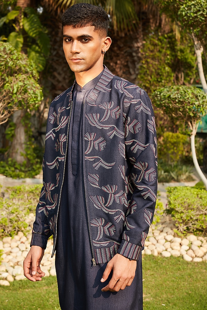 Dark Midnight Blue Cotton Silk Tussar Embroidered Jacket Set by Bohame Men at Pernia's Pop Up Shop