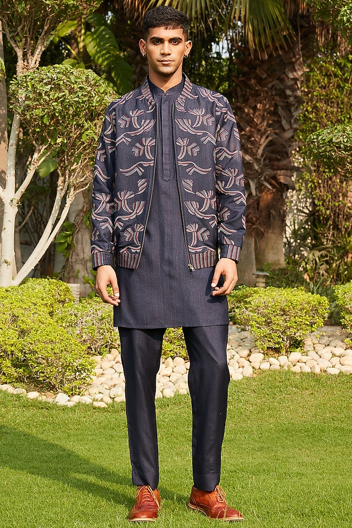 Dark Midnight Blue Cotton Silk Tussar Embroidered Jacket Set by Bohame Men at Pernia's Pop Up Shop