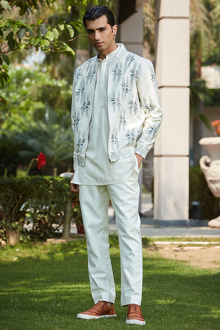 Off-White Cotton Silk Tussar Embroidered Jacket Set by Bohame Men