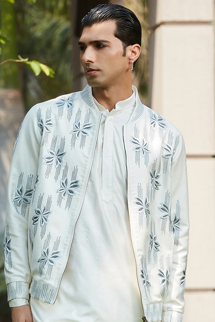 Off-White Cotton Silk Tussar Embroidered Jacket Set by Bohame Men at Pernia's Pop Up Shop