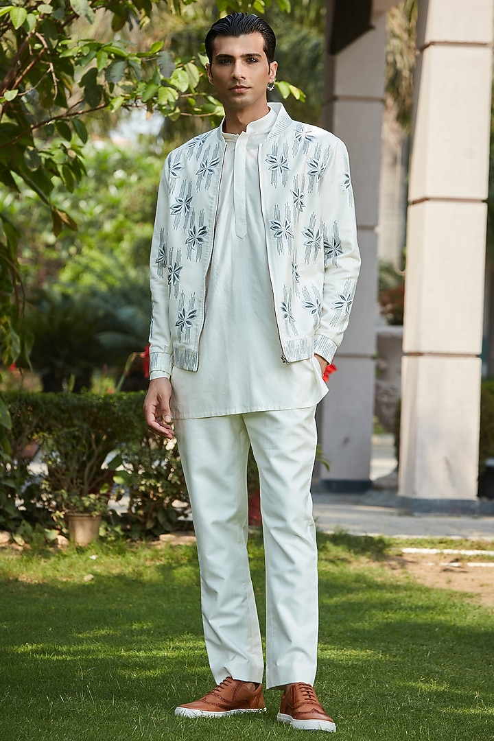 Off-White Cotton Silk Tussar Embroidered Jacket Set by Bohame Men at Pernia's Pop Up Shop
