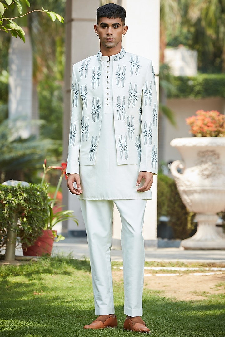 Off-White Cotton Silk Tussar Embroidered Indo-Western Set by Bohame Men