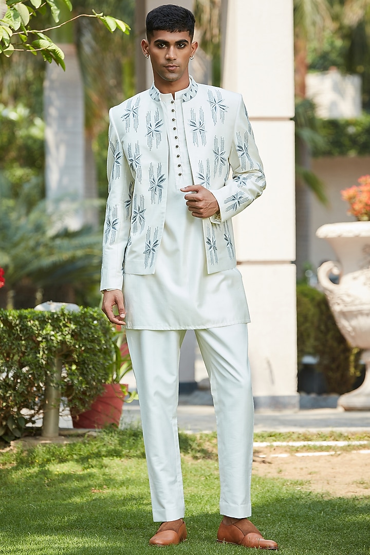 Off-White Cotton Silk Tussar Embroidered Indo-Western Set by Bohame Men at Pernia's Pop Up Shop