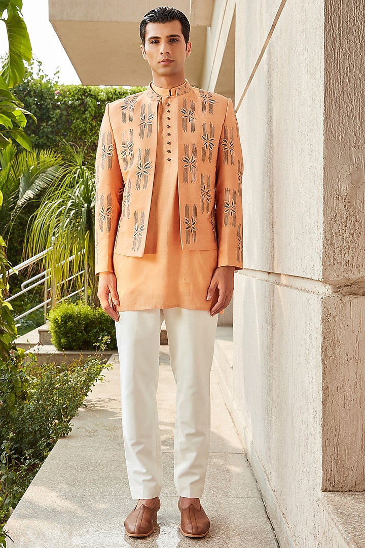 Rose Gold Cotton Silk Tussar Embroidered Indo-Western Set by Bohame Men at Pernia's Pop Up Shop