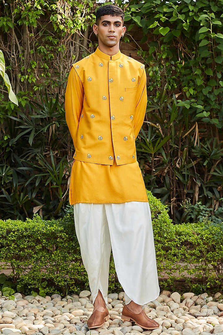 Mustard Cotton Silk Tussar Embroidered Bundi Jacket Set by Bohame Men