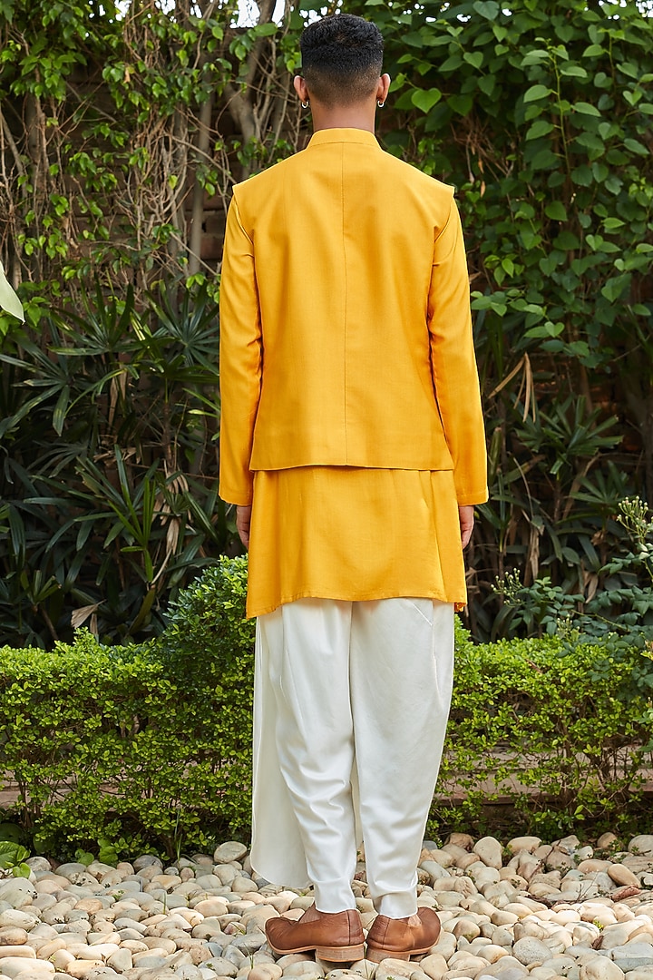 Mustard Cotton Silk Tussar Abstract Embroidered Nehru Jacket Set by Bohame Men at Pernia's Pop Up Shop