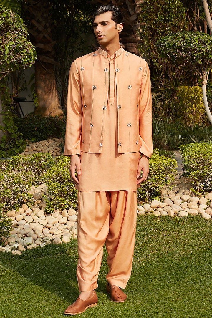 Rose Gold Cotton Silk Tussar Embroidered Indowestern Jacket Set by Bohame Men