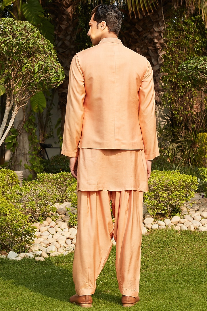 Rose Gold Cotton Silk Tussar Embroidered Wedding Indowestern Jacket Set by Bohame Men at Pernia's Pop Up Shop