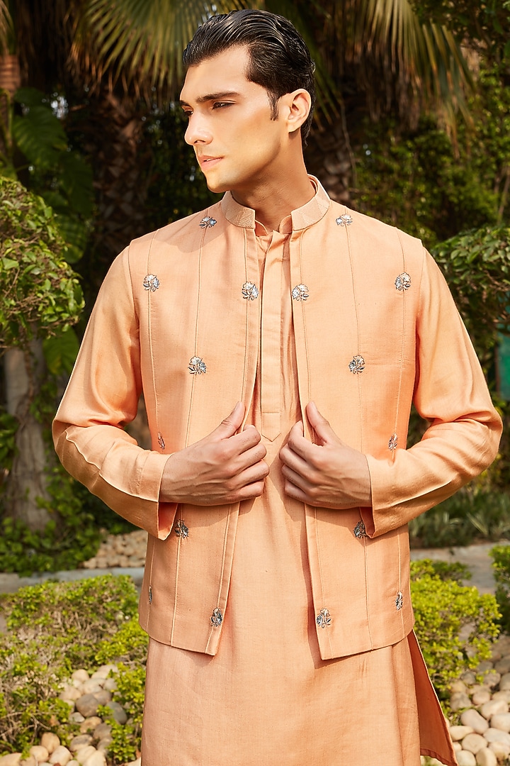 Rose Gold Cotton Silk Tussar Embroidered Wedding Indowestern Jacket Set by Bohame Men at Pernia's Pop Up Shop