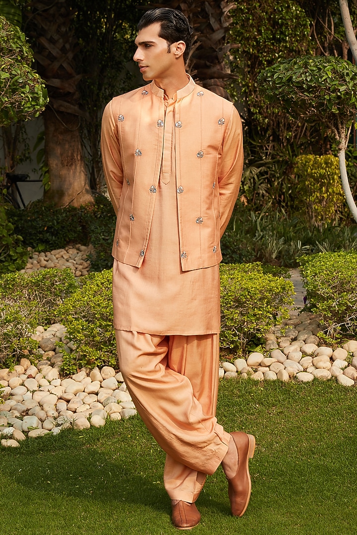 Rose Gold Cotton Silk Tussar Embroidered Wedding Indowestern Jacket Set by Bohame Men at Pernia's Pop Up Shop