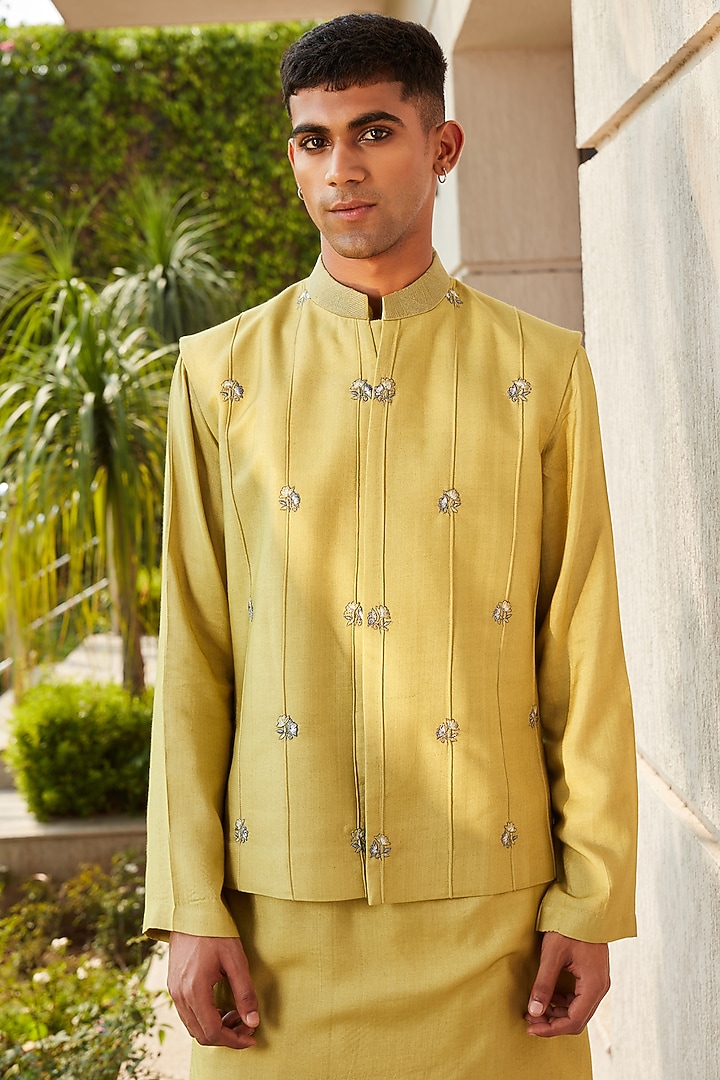 Sage Green Cotton Silk Tussar Abstract Embroidered Nehru Jacket Set by Bohame Men at Pernia's Pop Up Shop