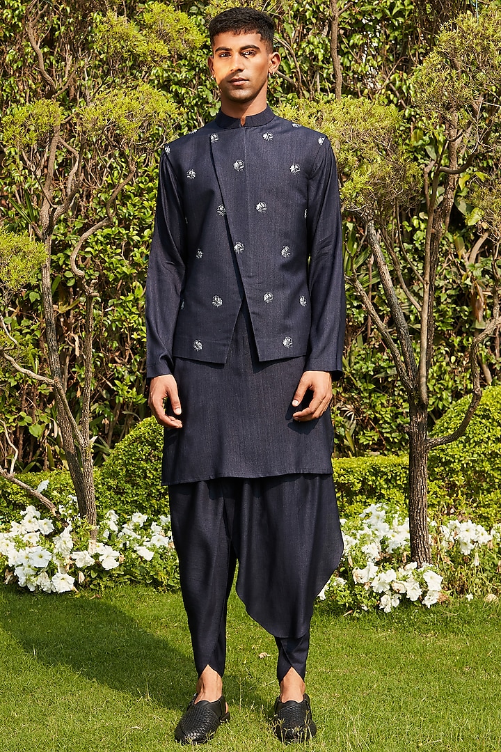 Dark Navy Blue Cotton Silk Embroidered Bundi Jacket Set by Bohame Men