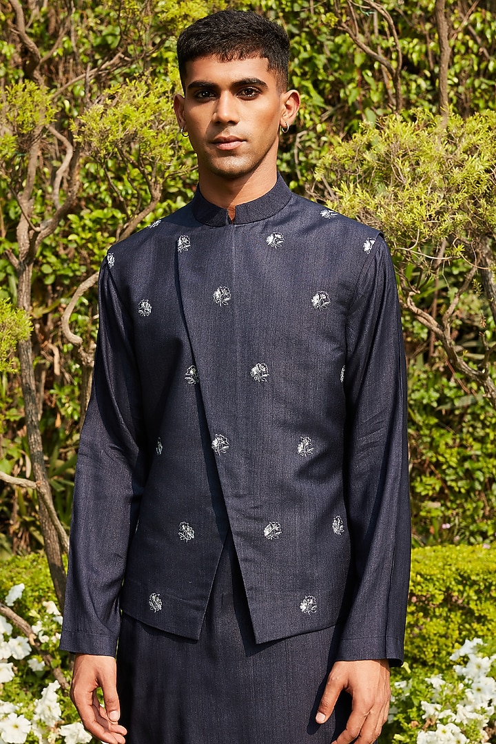 Dark Navy Blue Cotton Silk Embroidered Bundi Jacket Set by Bohame Men at Pernia's Pop Up Shop