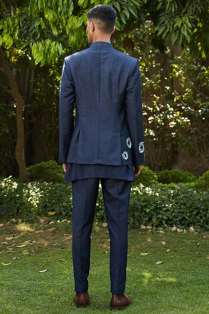 Dark Navy Blue Cotton Silk Tussar Embroidered Short Wedding Indowestern Jacket Set by Bohame Men at Pernia's Pop Up Shop