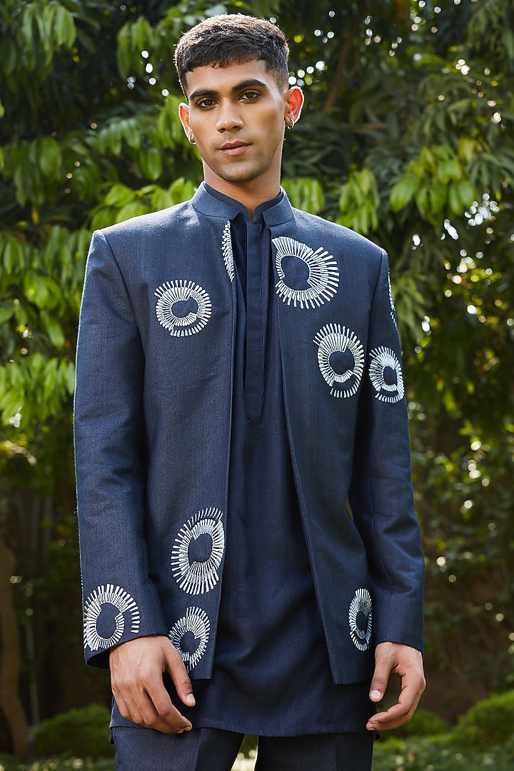 Dark Navy Blue Cotton Silk Tussar Embroidered Short Wedding Indowestern Jacket Set by Bohame Men at Pernia's Pop Up Shop