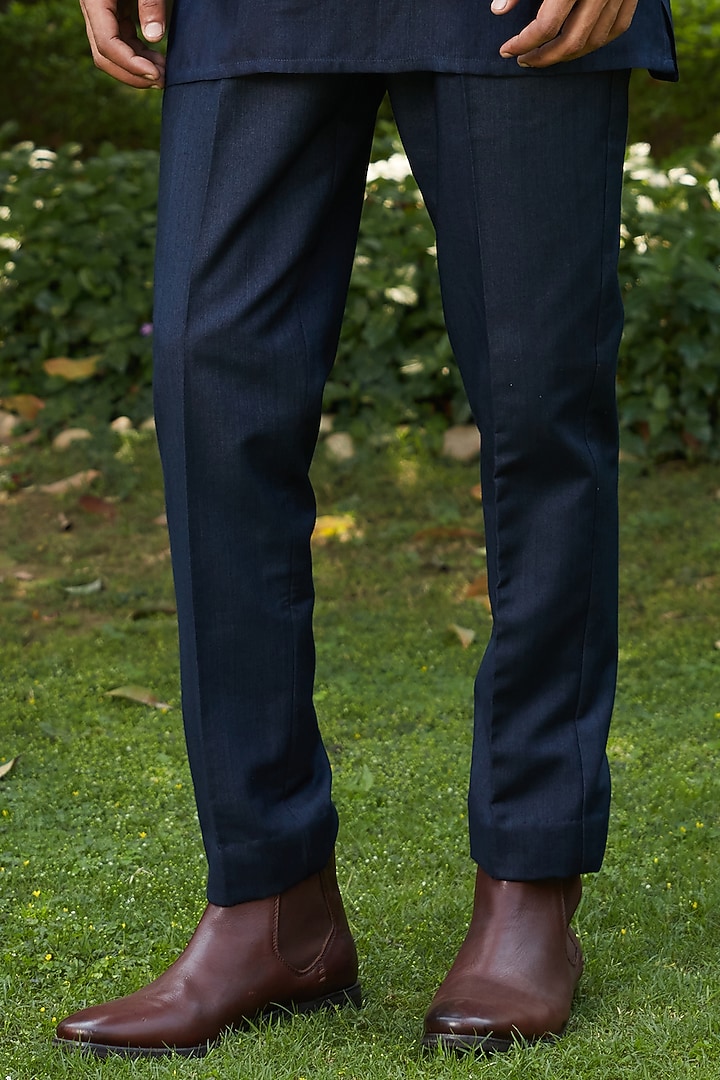 Dark Navy Blue Cotton Silk Tussar Embroidered Short Wedding Indowestern Jacket Set by Bohame Men at Pernia's Pop Up Shop