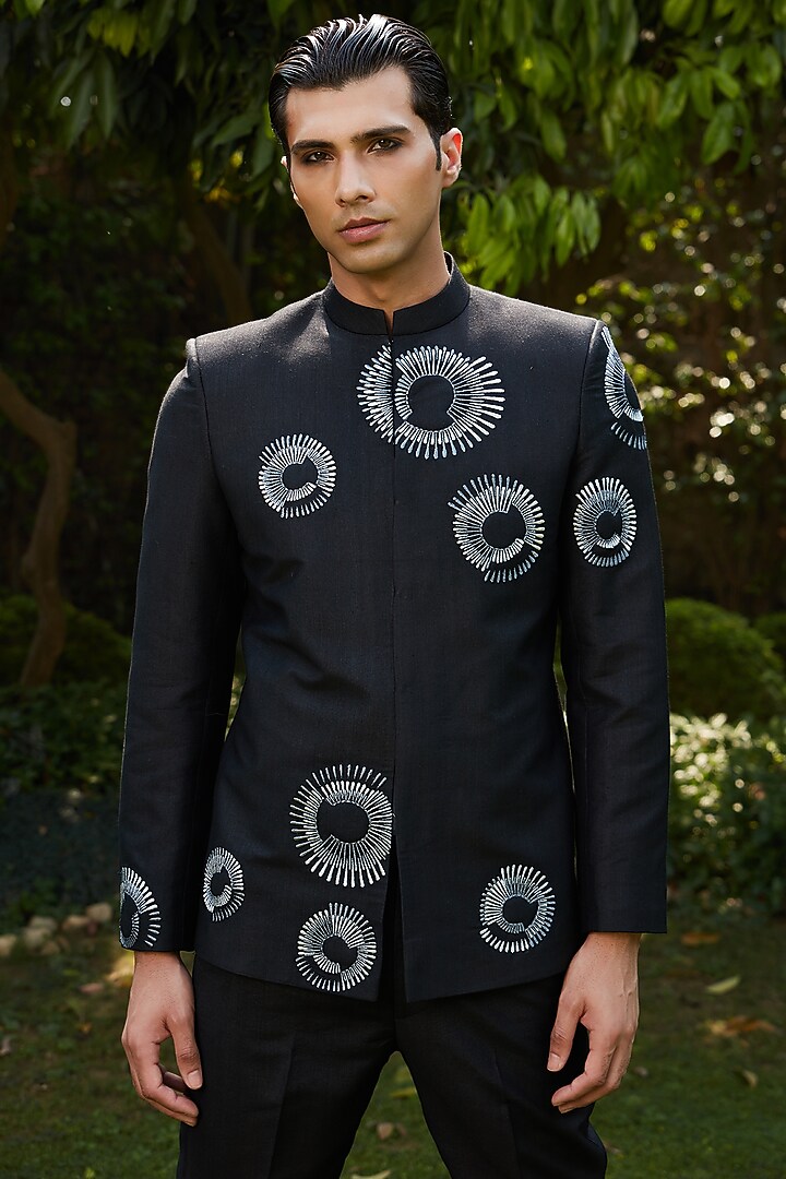 Black Cotton Silk Tussar Embroidered Wedding Bandhgala Set by Bohame Men at Pernia's Pop Up Shop