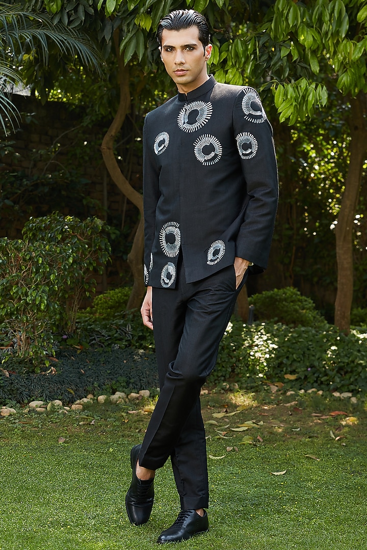 Black Cotton Silk Tussar Embroidered Wedding Bandhgala Set by Bohame Men at Pernia's Pop Up Shop