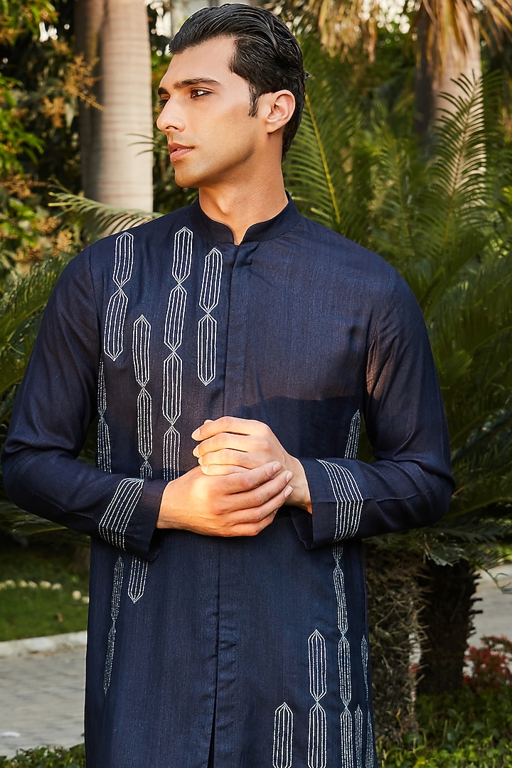 Dark Midnight Blue Cotton Silk Tussar Embroidered Kurta Set by Bohame Men at Pernia's Pop Up Shop