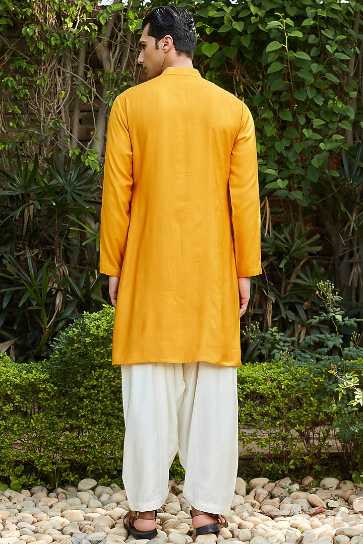 Mustard Cotton Silk Tussar Embroidered Kurta Set by Bohame Men at Pernia's Pop Up Shop